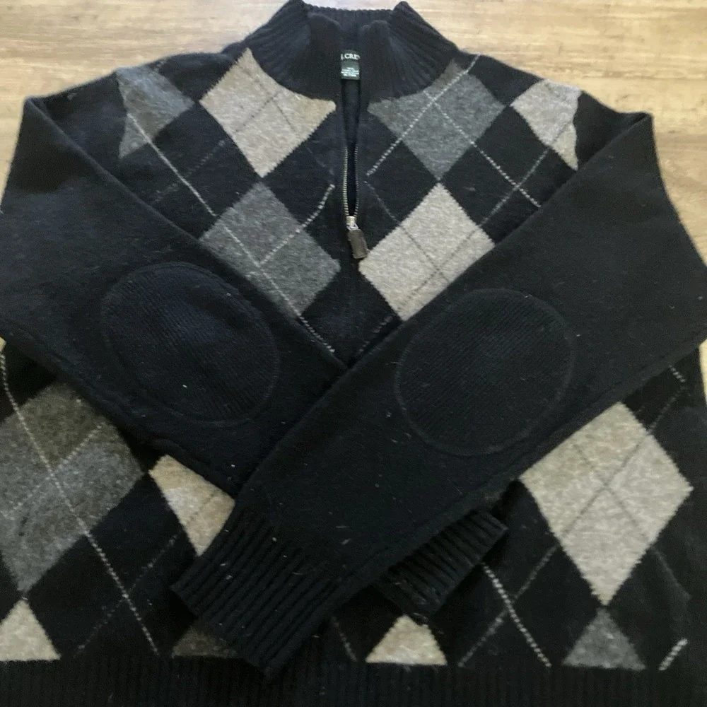 J. Crew Men's L 100% Lambs Wool Diamond Black Tan Full Zip Sweater Jacket